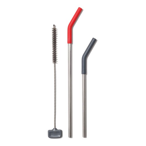 OXO ステンレス ストロー セット クリーニングブラシ付き レッド グレー 大小2本セット