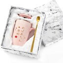 Livole 敬老の日 プレゼント おばあちゃん 祖母 マグカップ 蓋付き スプーン付き ピンク コーヒーカップ 大きめ クリスマスプレゼント 400ml カッ...