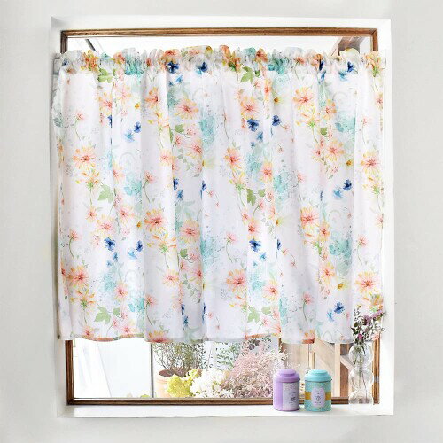 スタイルデコール(STYLE Decor) カフェカーテン 綿100% (72cm×100cm) スタンダードタイプ パステルフローラル W3900910 ホワイト
