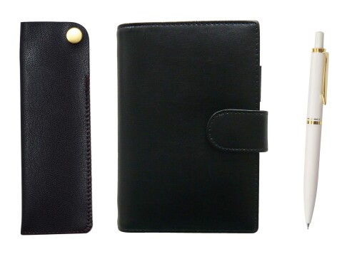 エコB7牛革ミニシステム手帳と横ホックペンケース黒 ユーロスタイル真鍮パーツノック式シャープペンセット 白 T23-LS002B-NK01B-NXS-W