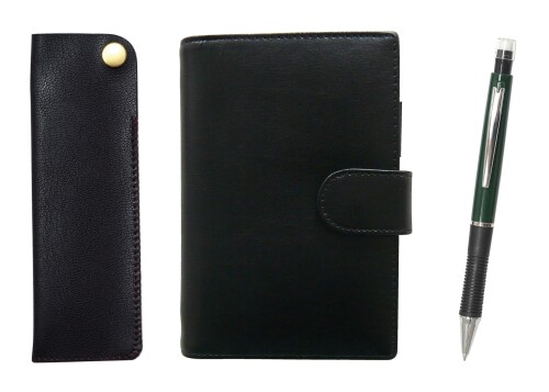 エコB7牛革ミニシステム手帳と横ホックペンケース黒 メタルポイントシャープペン 緑 T23-LS002B-NK01B-WZ13SP-G