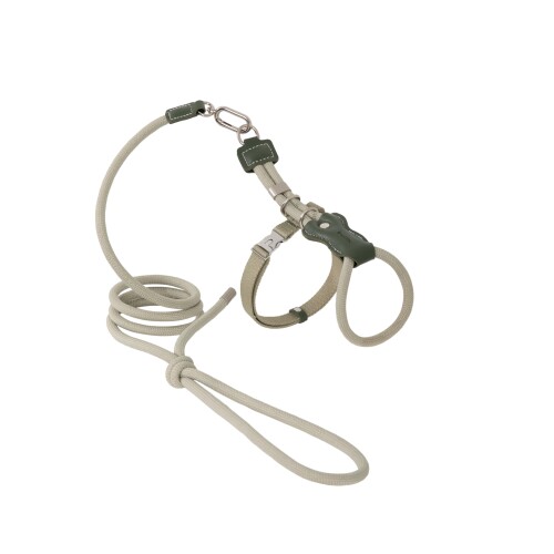 HiDREAM 猫用レザー丸紐ハーネス＆リードセット オリーブグリーン