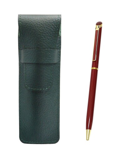 シボ革ペンケースモスグリーン エポキシ回転ボールペンセット 赤 SASMG-WD002-R