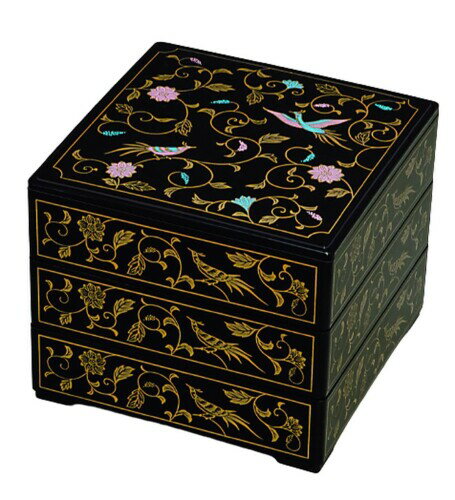 J-kitchens 御節重箱 日本製 3段 6.5寸 角 黒鳳凰 19.5cm x 19.5cm x 16.5cm