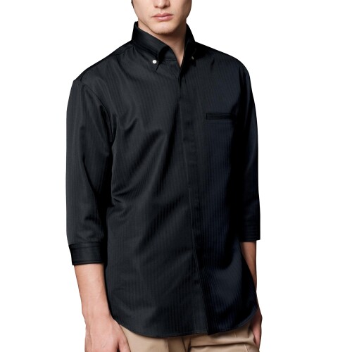 (アルベ) コックシャツ スナップあき 七分袖 透防止 比翼 開襟 兼用 ヘリンボン 白黒 飲食 カフェ 厨房 制服 AS7708 C-10 ブラック