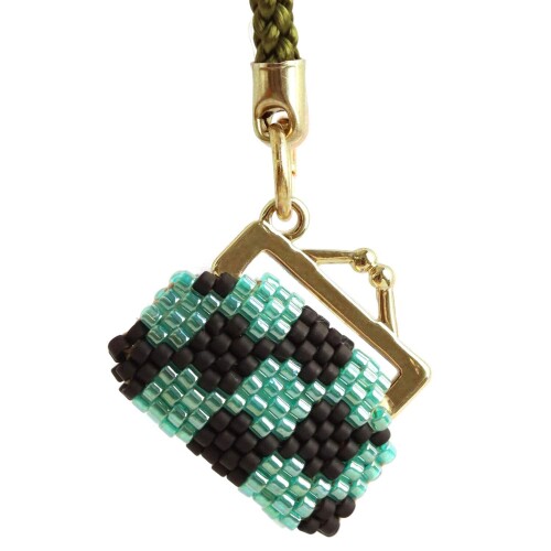 HOBBIX 京・西陣柄がまぐち根付け 市松模様 緑×黒 ビーズステッチキット PB160