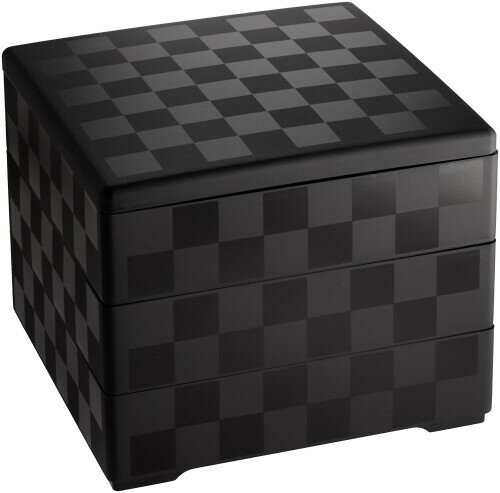 若泉漆器 3段重箱 6.5寸重 黒マット 市松(内黒) H-153-45-A