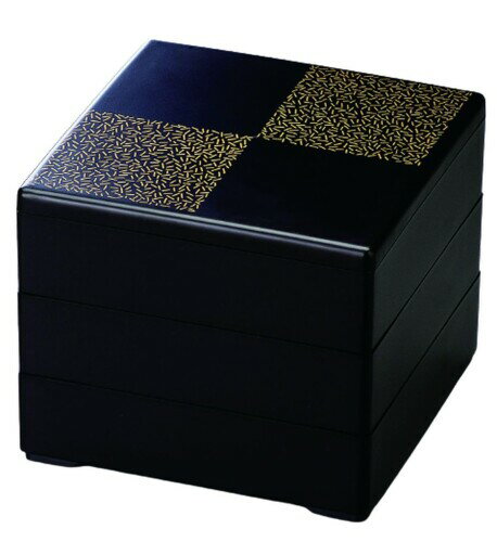 J-kitchens 重箱 3段 6.5寸 彩 お重箱 艶消黒 地紋金市松 19.5cm x 19.5cm x 16.5cm 日本製