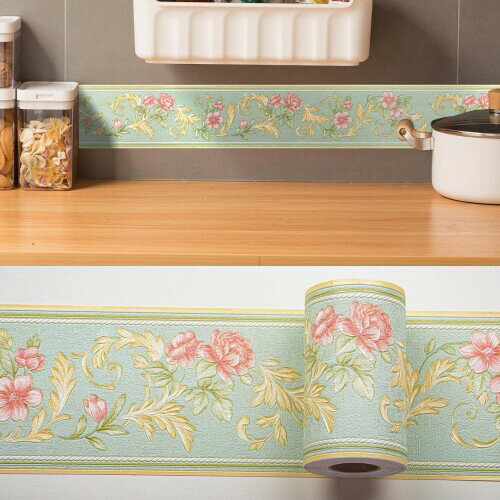 トリムボーダー 壁紙シール ライトグリーン ローズモチーフの刺繍 マスキングテープ インテリアシール はがせる 3d 立体 浮彫 凹凸 ウォールステッカー 補修テープ 腰壁 洗面所 窓 窓枠