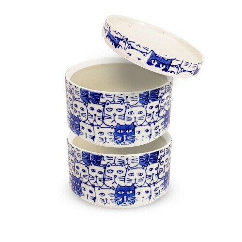 J-kitchens 1人用 万能 重箱 2段 （ お重 お重箱 ） 陶器 食洗機対応 電子レンジ対応 波佐見焼 日本製 280cc x 2 11cm x 12.8cm キャッツ ブルー