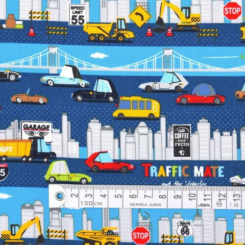 COLORFUL TEXTILE MARKET 生地スケアー布発進 エンジン全開わくわくドライブ綿100%車柄 110cmx200cm D0..