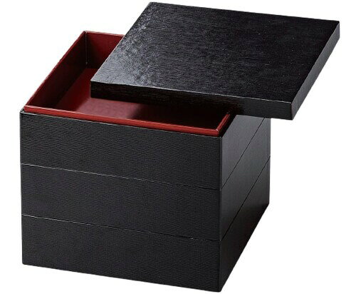 J-kitchens 日本製 重箱 3段 6.5寸 ハイブリッド 紙 黒内朱 冷凍対応 20.2cm x 20.2cm x 18.3cm