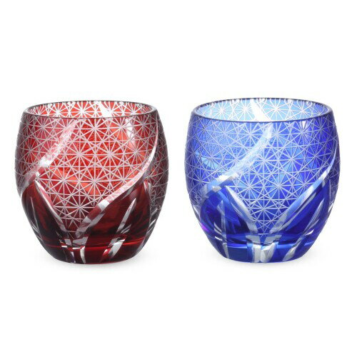 J-kitchens レトロ 切子 ペア エッグ型 グラス カップ 冷酒 盃 Φ5.5×5.9cm 100cc 乱彫小紋 レッド & ブ..