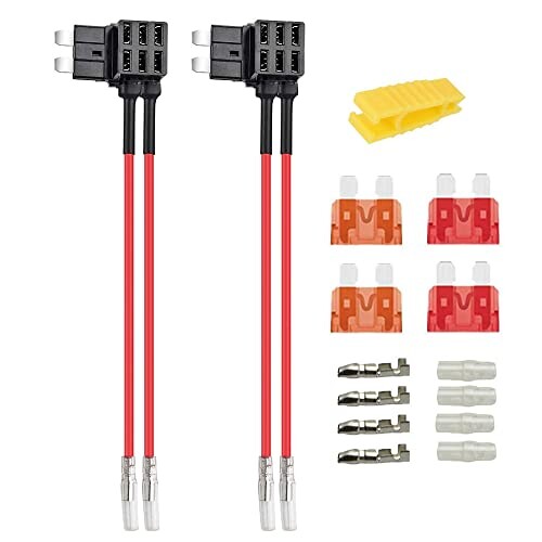 KILIGENト 2個の12V/24V標準デュアルポートヒューズタップ回路追加、ミディアムATSピギーバックブレードヒューズホルダー、デュアルワイヤーハーネス付き、4個（5A/10A）標準ヒューズおよ