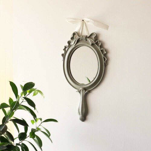 アンティーク調 ハンドミラー型 ウォールミラー, 装飾取付用リボン付き, モスグリーン 鏡