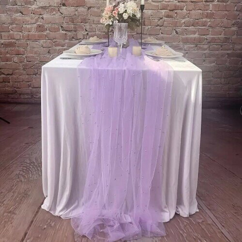 Table Runners - パールチュールテーブルランナー装飾生地、エレガントな透明チュール、結婚式、パーティー、ケーキ、デザートテーブルデコレーションに最適，80×300 CM (ラベンダー)