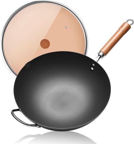 WANGYUANJI 鉄製中華鍋 深型炒め鍋 32cm 窒化鉄 さびにくい 耐傷 ガラス蓋付 取り外し可能天然木ハンドル 取っ手 持ち運び便利 油ならし 焦げ付かない 中華料理 チャーハン 煮 蒸 いため 3-5