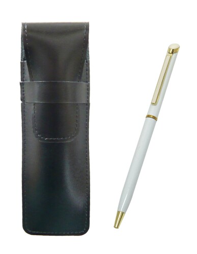 スリム牛革ペンケース黒 エポキシ回転ボールペンセット 白 T23-ASB-WD002-W