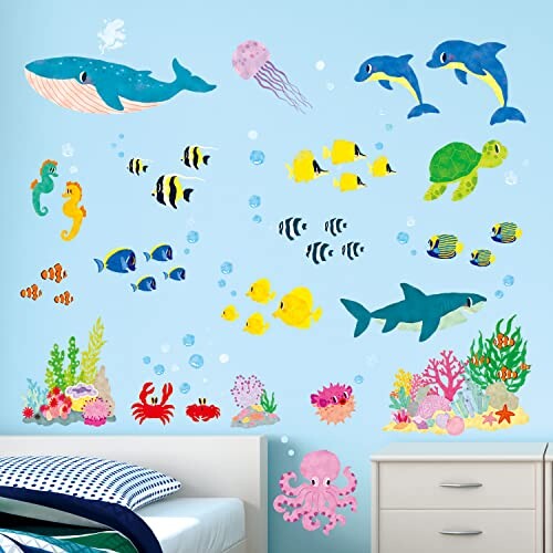 DECOWALL BA-2014S 海の中 海の生き物(小) ウォール ステッカー デコ 幼稚園 保育園 子供部屋 DIY 壁転写 シール ウォールアート シール 男の子 女の子 こども バスルーム デコレーション ビニ