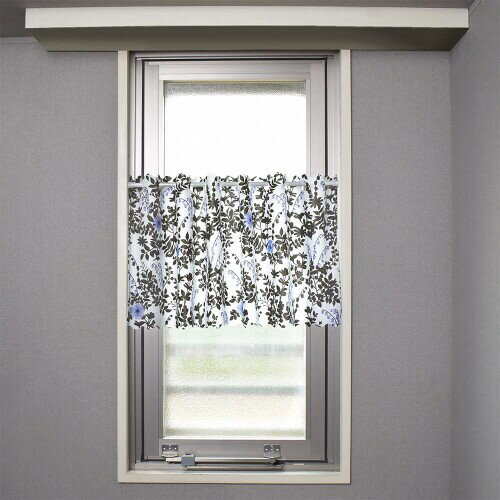スタイルデコール(STYLE Decor) カフェカーテン ラミネート 小窓用 おしゃれ 目隠し 45cm丈 × 幅100cm お風呂 花柄 植物 ブルー W4002600