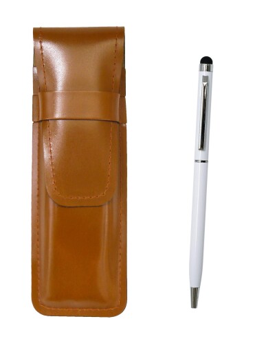 スリム牛革ペンケース茶 スマホタッチ・アルミ回転式ボールペンセット 白 T23-ASC-CC603-W