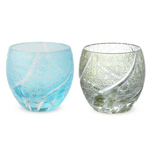 J-kitchens レトロ 切子 ペア エッグ型 グラス カップ 冷酒 盃 Φ5.5×5.9cm 100cc 乱彫小紋 アクア & グ..