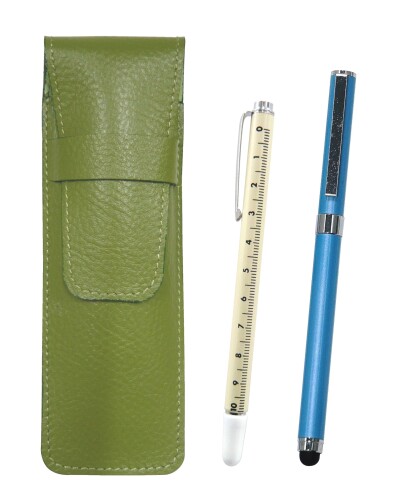2個パック シボ革黄緑ペンケース スライドメジャー指示棒とスマホタッチ・メタルキャップ式ボールペン..