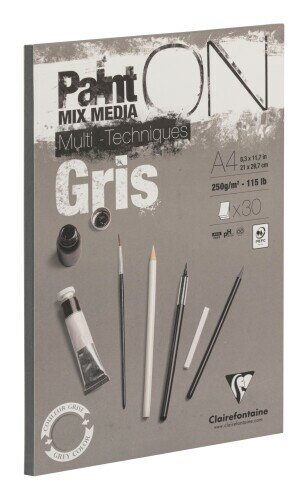 クレールフォンテーヌ ペイントオン A4 パッド グレー 30枚 250g/m2 ミックスメディアペーパー PEFC認証取得 アシッドフリー ISO9706基準 水彩 油彩 パステル アクリル インク 鉛筆 Clairefontaine
