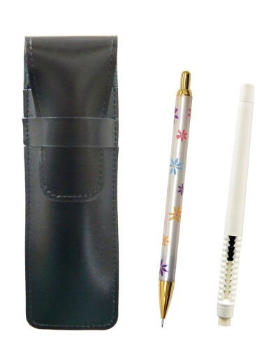 スリム牛革ペンケース黒 ペン型消しゴム 白と花柄シャープペンセット T23-ASBMC46W-HS380S
