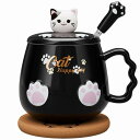 マグカップ蓋とスプーン付き 陶器 猫 コップ コーヒーカップ・マグ かわいい猫 誕生日プレゼント(ホワイト) (ブラック)