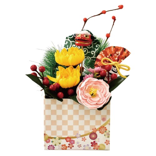ポピー名古屋 ソープフラワー 造花 シャボンフラワー 造花 ギフト プレゼント 正月 フラワーボックス 椿 菊 約25cm 玄関 正月飾り 新春 獅子舞 SBL...