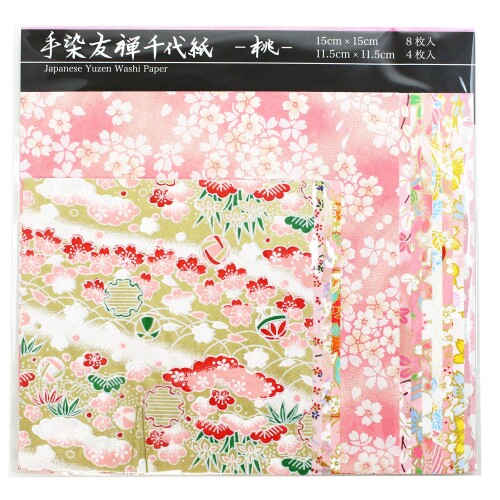 WRC 折り紙 手染友禅千代紙 桃 15cm8枚 11.5cm4枚 YZ-C-005