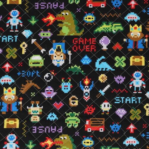 KIYOHARA キルティング 生地 ピクセルドット RPG 106cm巾×50cmカット ブラック レッスンバッグのレシピ付き MOW154-50