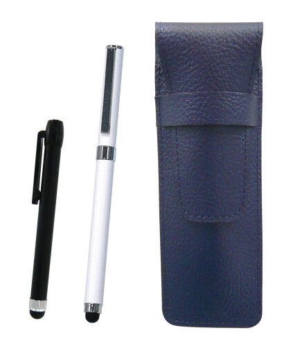 シボ革ペンケース青 メタルタッチ棒黒とスマホタッチ・メタルキャップ式ボールペンエクストラセット 白 SASL-ALB-QSJW700-W