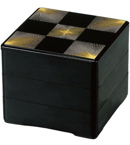 J-kitchens 重箱 日本製 3段 5寸 彩 黒松葉市松 15.1cm x 15.1cm x 13.3cm