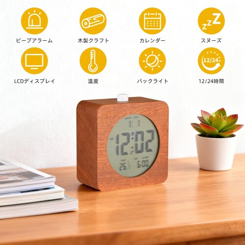 デジタル目覚まし時計、置き時計、LCDデジタル時計、木製電池式目覚まし時計、スヌ...
