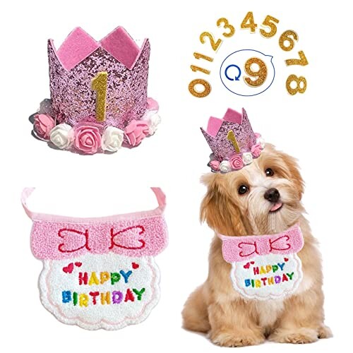 犬 誕生日 帽子 happy birthday バンダナ よだれかけ 数字付き おしゃれ 犬 猫用 ペット 誕生日 帽子 王冠 飾り付け 誕生日グッズ 可愛い 唾液タオル 調節可能 記念日 パーティー飾り (ピンク)