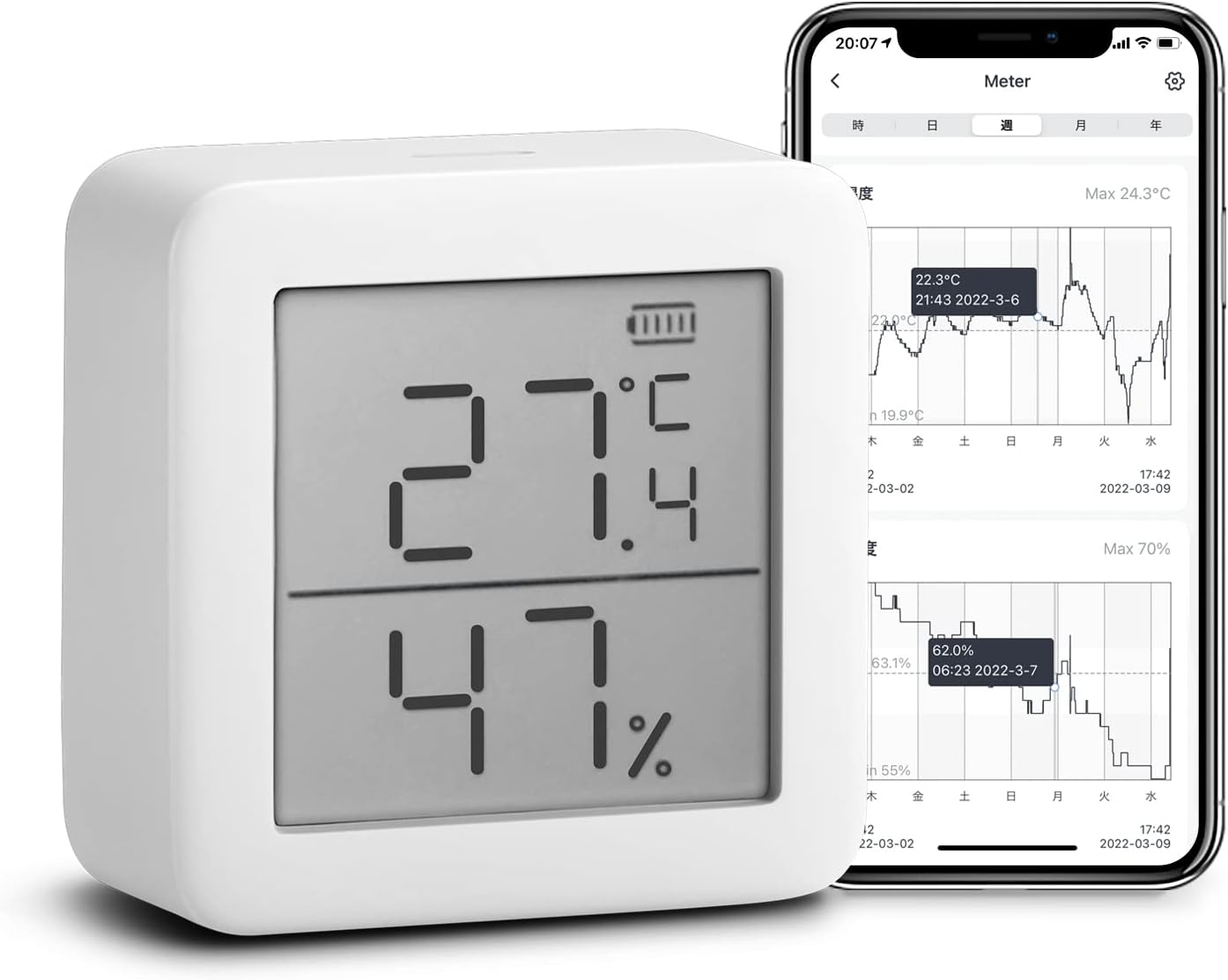 ●本体に過去36日間のデータが保存され、Bluetoothでタブレットへデータをダウンロードできます。 ●CSVデータの書き出しも可能です。 ※写真のスマートフォンは商品に含まれません。 ＜仕様＞ 型式名：TH-S1 測定範囲： 　　　温度...