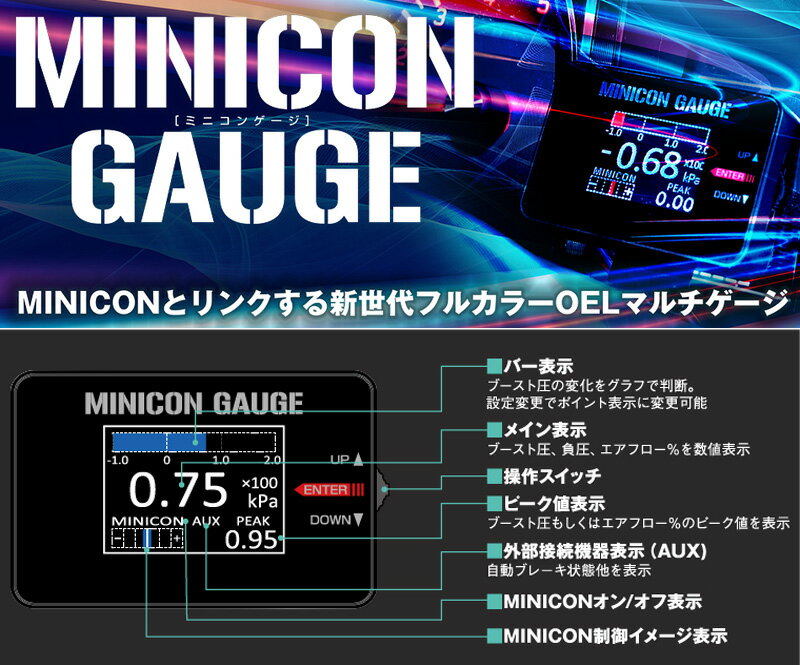 【必ずご確認ください。】 ※本商品はシエクル製「（新旧）MINICON/MINICON-PRO」と 併用して使用いただく商品です。本商品単体では使用できません。 ◇対　応　車　種　表 品　番：MCG-UT1 車　名：MAZDA　CX-7 型　式：ER3P エンジン：L3-VDT(2.3TC) 年　式：H18/12 - H23/12 表　示：％表示 備　考：----- 【必ずご確認ください。】 商品概要・機能詳細・車輌別使用可能機能・注意事項などは 商品画像を必ず参照してください。【必ずご確認ください】 [シエクル×ミニコンゲージ]ER3P CX-7_Turbo(H18/12 - H23/12)用フルカラーOELマルチゲージ[MCG-UT1] ジェイロード J-ROAD レスポンスブレード 燃焼効率UP アクセル反応UP 低中速トルク増大 車検 交換