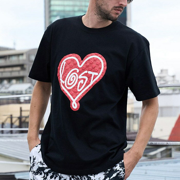 STUD MUFFIN スタッドマフィン 414-02677 5.6ozコットン天竺 LOST HEARTS発泡プリント Tシャツ BLK SS Tシャツ グラフィックプリント 半袖 メンズ 2024年春夏