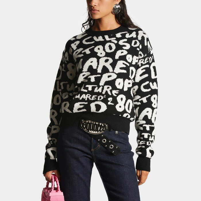 DSQUARED2 ディースクエアード S75HA1246 D2 Pop 80's Pullover クルーネックセーター ブラックホワイト D2 ボクシーフィット ニット ショート丈 レディース 2024年春夏 送料無料