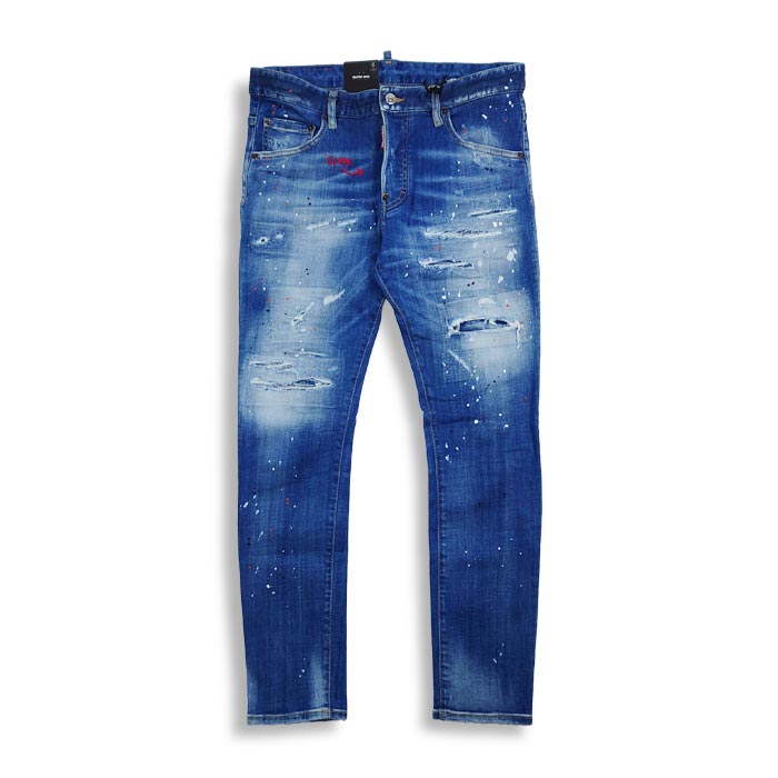 DSQUARED2 ディースクエアード S71LB1029 Medium Breeze Wash Skater Jeans メンズ スキニー スリム ジーンズ デニム D2 スケータージーン I LOVE 刺繍 ダメージ加工 ペンキ 正規品 2022春夏 送料無料