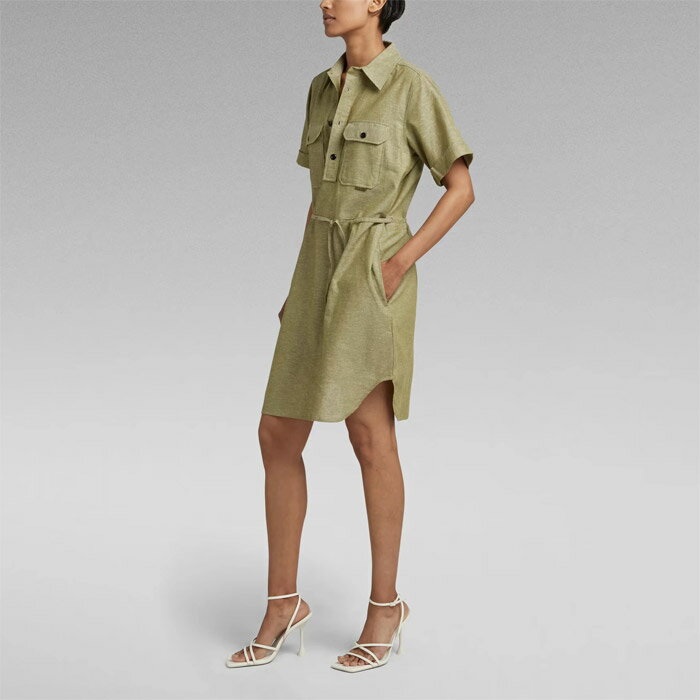 28％OFF G-STAR RAW ジースターロウ D22858-D123-D857 Millery Pockets Dress サイドスリット ひざ丈 シャツワンピース カーキ ドローコード セミショートスリーブ 半袖 レディース 2023年春夏 送料無料