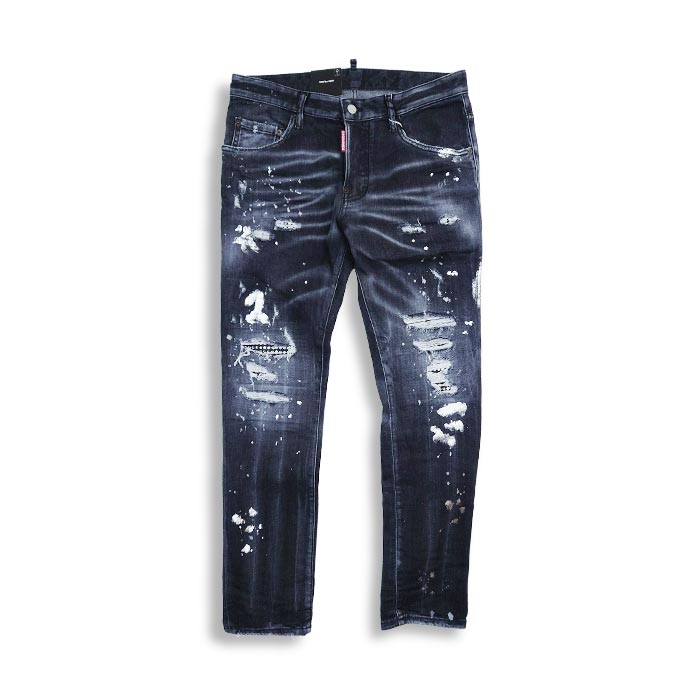 DSQUARED2 ディースクエアード S74LB1296 BLACK WASH SKATER JEANS メンズ デニム ジーンズ スキニー スリム D2 ブラックデニム ラインストーン ダメージ ペイント イタリア製 正規品 2023年春夏