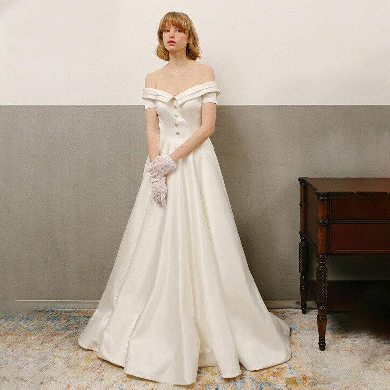 海外挙式 wedding dress 前撮りドレス 大きい 花嫁 シンプル ロングドレス オフショルダー 上品 二次会 ブライダル ウェディングドレス サテン 後撮り フォト リゾートドレス パーティードレス レディース ビーチフォト 海外旅行 結婚式 成人式 披露宴 演奏会 セミオーダー