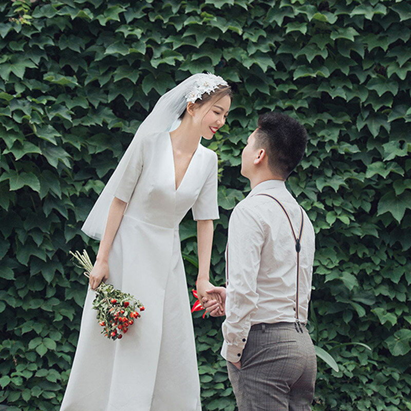 海外挙式 wedding dress 花嫁 二次会 ブライダル ロングドレス 半袖 結婚式 前撮りドレス シンプル 海外旅行 ウェディングドレス リゾートドレス 挙式 フォーマル パーティードレス レディース vネック 成人式 演奏会 セミオーダー
