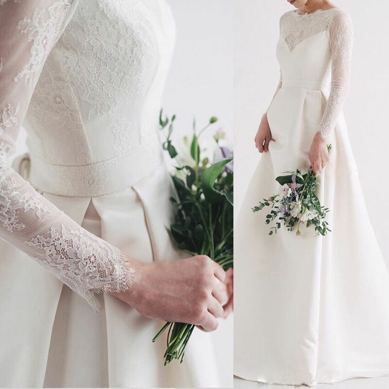 ウェディングドレス 長袖 Aラインドレス 花嫁 二次会 パーティードレス レース ロングドレス 結婚式 袖あり 編み上げタイプ ロングワンピース 前撮り 海外挙式 ドレス 披露宴 撮影 wedding dress ハネムーンフォト ビーチフォト 食事会 オーダーメイドも可能