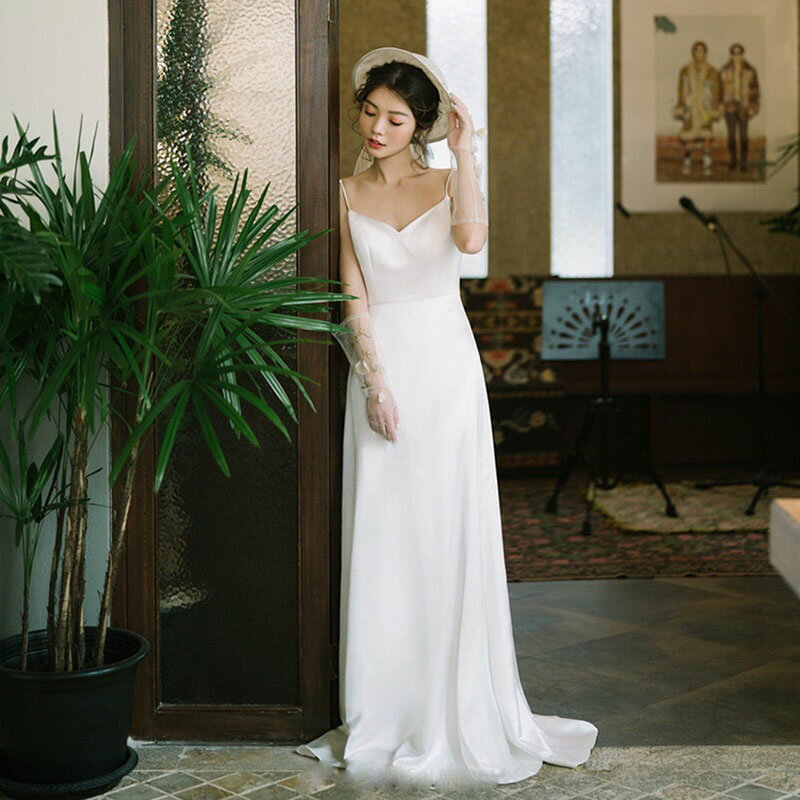 ウェディングドレス 花嫁 ロングドレス 結婚式 吊りスカート 高級感 前撮り 海外挙式ドレス 袖なし Aラインドレス 披露宴 ファスナー パーティードレス シンプ 着痩せ ブライダル wedding dress ビーチフォト 食事会 撮影 大きいサイズ オーダーメイドも可能