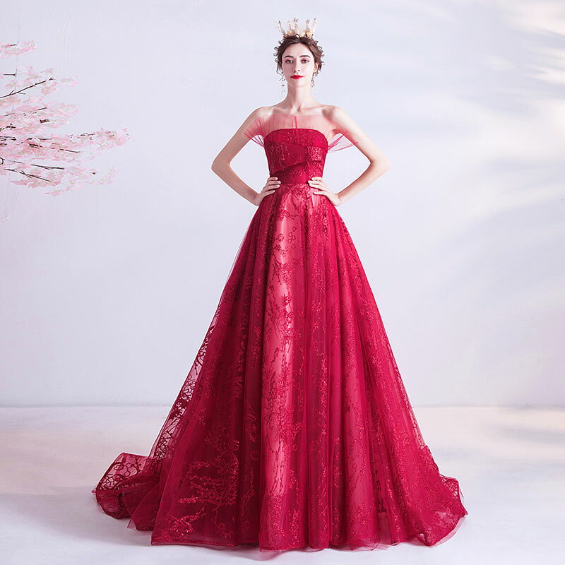 unique weddingsのカラードレス 演奏会用ドレス レッド 二次会 花嫁 ロングドレス ウエディングドレス 1.5次会 プリンセスライン プロム ドレス 華やか 舞台 フレア ステージ 衣装 お姫様 ベルラインドレス コンサート 背中編み上げ 赤｜アングル3