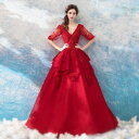ステージ 衣装 レッド 花嫁 カラードレス プリンセスラインドレス 二次会 ロングドレス 半袖 プロム ドレス 演奏会用ドレス 上品 舞台衣装 パーティードレス...